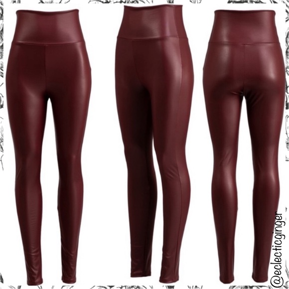 Burgundy red faux leather high waisted leggings L - Picture 3 of 5